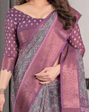 Dusty Purple Handloom Linen Printed Saree with Zari Border, Geometric Floral Motifs & Tasselled Pallu | Attached Blouse Piece | 5.5m Saree + 0.8m Blouse