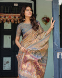 Rust Beige Handloom Cotton Saree with Royal Animal Caravan & Scenic Village Pallu