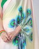 Pastel Rainbow Freehand Saree with Peacock Feather Print in Georgette Satin – Ready to Wear Designer Drape