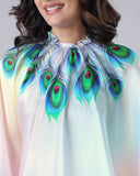 Pastel Rainbow Freehand Saree with Peacock Feather Print in Georgette Satin – Ready to Wear Designer Drape