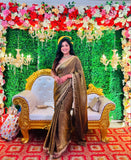 "Elegant Golden Silk Saree with Maroon Embroidered Blouse – Perfect for Weddings and Festive Occasions"