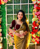 "Elegant Golden Silk Saree with Maroon Embroidered Blouse – Perfect for Weddings and Festive Occasions"