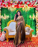 "Elegant Golden Silk Saree with Maroon Embroidered Blouse – Perfect for Weddings and Festive Occasions"