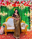 "Elegant Golden Silk Saree with Maroon Embroidered Blouse – Perfect for Weddings and Festive Occasions"
