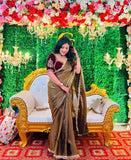 "Elegant Golden Silk Saree with Maroon Embroidered Blouse – Perfect for Weddings and Festive Occasions"