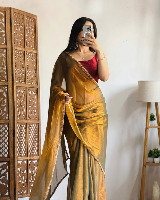 Golden Mustard Handwoven Tissue Saree with Intricate Border – Elegant Traditional Indian Wear for Festive Occasions