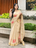 Elegant Beige Floral Print Gold Tissue Silk Saree for Women - Traditional Indian Attire with Pink Blossom Design