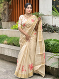 Elegant Beige Floral Print Gold Tissue Silk Saree for Women - Traditional Indian Attire with Pink Blossom Design