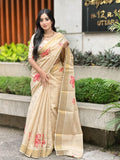 Elegant Beige Floral Print Gold Tissue Silk Saree for Women - Traditional Indian Attire with Pink Blossom Design