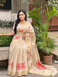 Elegant Beige Floral Print Gold Tissue Silk Saree for Women - Traditional Indian Attire with Pink Blossom Design