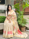Elegant Beige Floral Print Gold Tissue Silk Saree for Women - Traditional Indian Attire with Pink Blossom Design