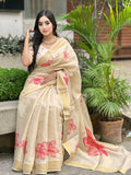 Elegant Beige Floral Print Gold Tissue Silk Saree for Women - Traditional Indian Attire with Pink Blossom Design