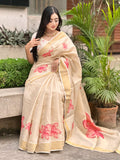 Elegant Beige Floral Print Gold Tissue Silk Saree for Women - Traditional Indian Attire with Pink Blossom Design
