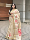 Elegant Beige Floral Print Gold Tissue Silk Saree for Women - Traditional Indian Attire with Pink Blossom Design