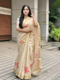 Elegant Beige Floral Print Gold Tissue Silk Saree for Women - Traditional Indian Attire with Pink Blossom Design