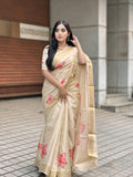 Elegant Beige Floral Print Gold Tissue Silk Saree for Women - Traditional Indian Attire with Pink Blossom Design