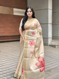 Elegant Beige Floral Print Gold Tissue Silk Saree for Women - Traditional Indian Attire with Pink Blossom Design