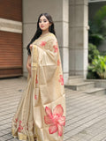 Elegant Beige Floral Print Gold Tissue Silk Saree for Women - Traditional Indian Attire with Pink Blossom Design