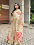 Elegant Beige Floral Print Gold Tissue Silk Saree for Women - Traditional Indian Attire with Pink Blossom Design