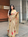 Elegant Beige Floral Print Gold Tissue Silk Saree for Women - Traditional Indian Attire with Pink Blossom Design