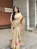 Elegant Beige Floral Print Gold Tissue Silk Saree for Women - Traditional Indian Attire with Pink Blossom Design