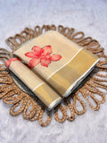 Elegant Beige Floral Print Gold Tissue Silk Saree for Women - Traditional Indian Attire with Pink Blossom Design