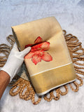Elegant Beige Floral Print Gold Tissue Silk Saree for Women - Traditional Indian Attire with Pink Blossom Design