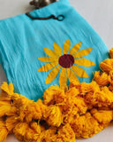 Elegant Linen Saree with Sunflower Print and Tassel Border – Lightweight Summer Wear