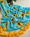 Elegant Linen Saree with Sunflower Print and Tassel Border – Lightweight Summer Wear