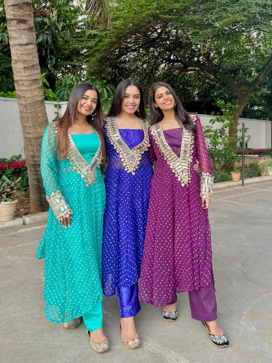 Designer Mirror Work Anarkali Suit Set for Women – Georgette Fabric | Available in Mehendi Green, Royal Blue, Black  & Wine Purple