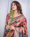 Black Banarasi Silk Saree with Exotic Leopard & Floral Digital Print, Zari Border & Tassel Pallu