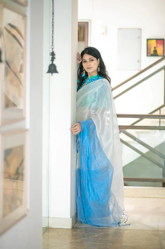 Off White with Golden Dual Tone Raga Tissue Saree