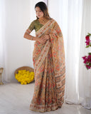 Multicolor Zari Woven Handloom Cotton Saree with Traditional Animal & Floral Motifs and Tassels