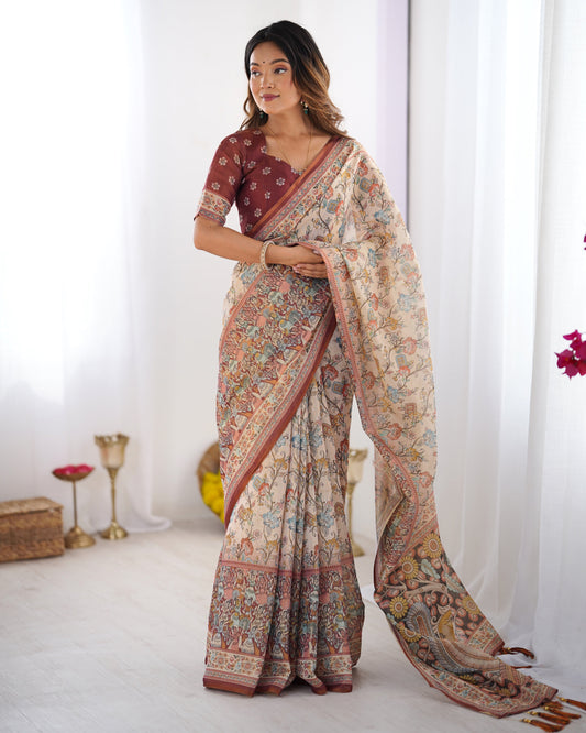 Beige & Maroon Handloom Cotton Saree with Multicolor Floral Print and Majestic Bird Art Pallu