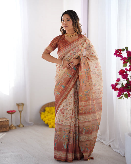Ivory Handloom Cotton Saree with Maroon Borders, Floral Print & Royal Procession Pallu