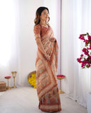 Ivory Handloom Cotton Saree with Maroon Borders, Floral Print & Royal Procession Pallu