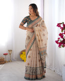 Ivory & Teal Handloom Cotton Saree with Buti Print, Mandala Motifs & Peacock Pallu