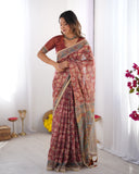 Rust Maroon Handloom Cotton Saree with Floral Jaal & Multicolor Mandala Pallu Art