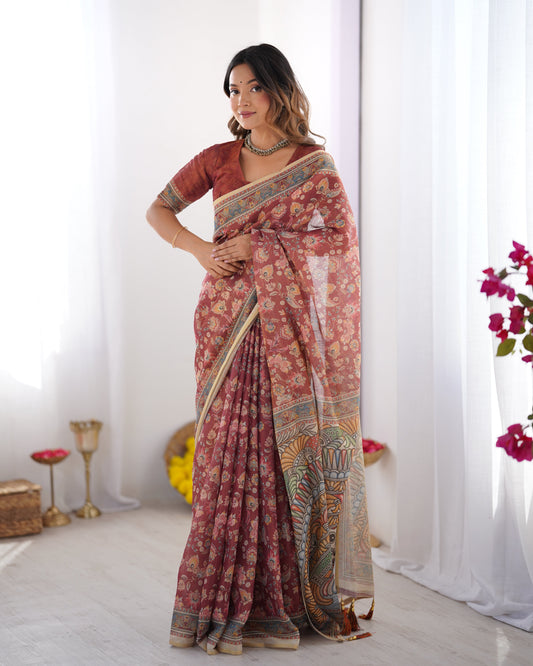 Rust Maroon Handloom Cotton Saree with Floral Jaal & Multicolor Mandala Pallu Art