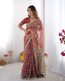 Rust Maroon Handloom Cotton Saree with Floral Jaal & Multicolor Mandala Pallu Art