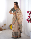 Ivory & Teal Handloom Cotton Saree with Buti Print, Mandala Motifs & Peacock Pallu