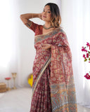 Rust Maroon Handloom Cotton Saree with Floral Jaal & Multicolor Mandala Pallu Art