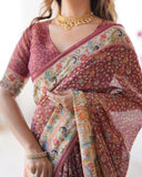 Maroon Handloom Cotton Saree with All-Over Floral Print & Multicolor Royal Procession Pallu