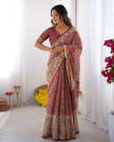 Maroon Handloom Cotton Saree with All-Over Floral Print & Multicolor Royal Procession Pallu