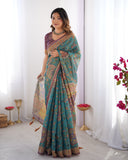 Sea Green & Purple Linen Cotton Saree with Hand-Painted Krishna Raas Leela Pallu