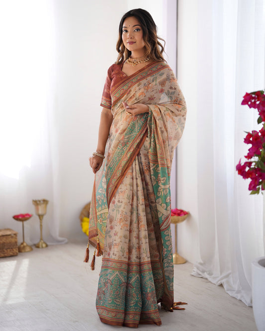 Beige & Green Handloom Cotton Saree with Village Life Print and Majestic Peacock Pallu