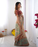 Beige & Green Handloom Cotton Saree with Village Life Print and Majestic Peacock Pallu