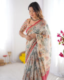 Beige & Red Handloom Linen Cotton Saree with Camel Caravan & Palace Artwork