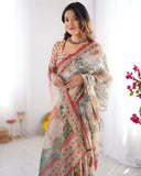Beige & Red Handloom Linen Cotton Saree with Camel Caravan & Palace Artwork