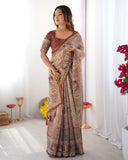 Beige & Maroon Handloom Cotton Saree with Royal Faces & Elephant Pallu Motif